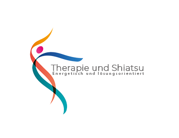 Abstrakte bunte Figur, markant gebogen, daneben Text: "Therapie und Shiatsu".